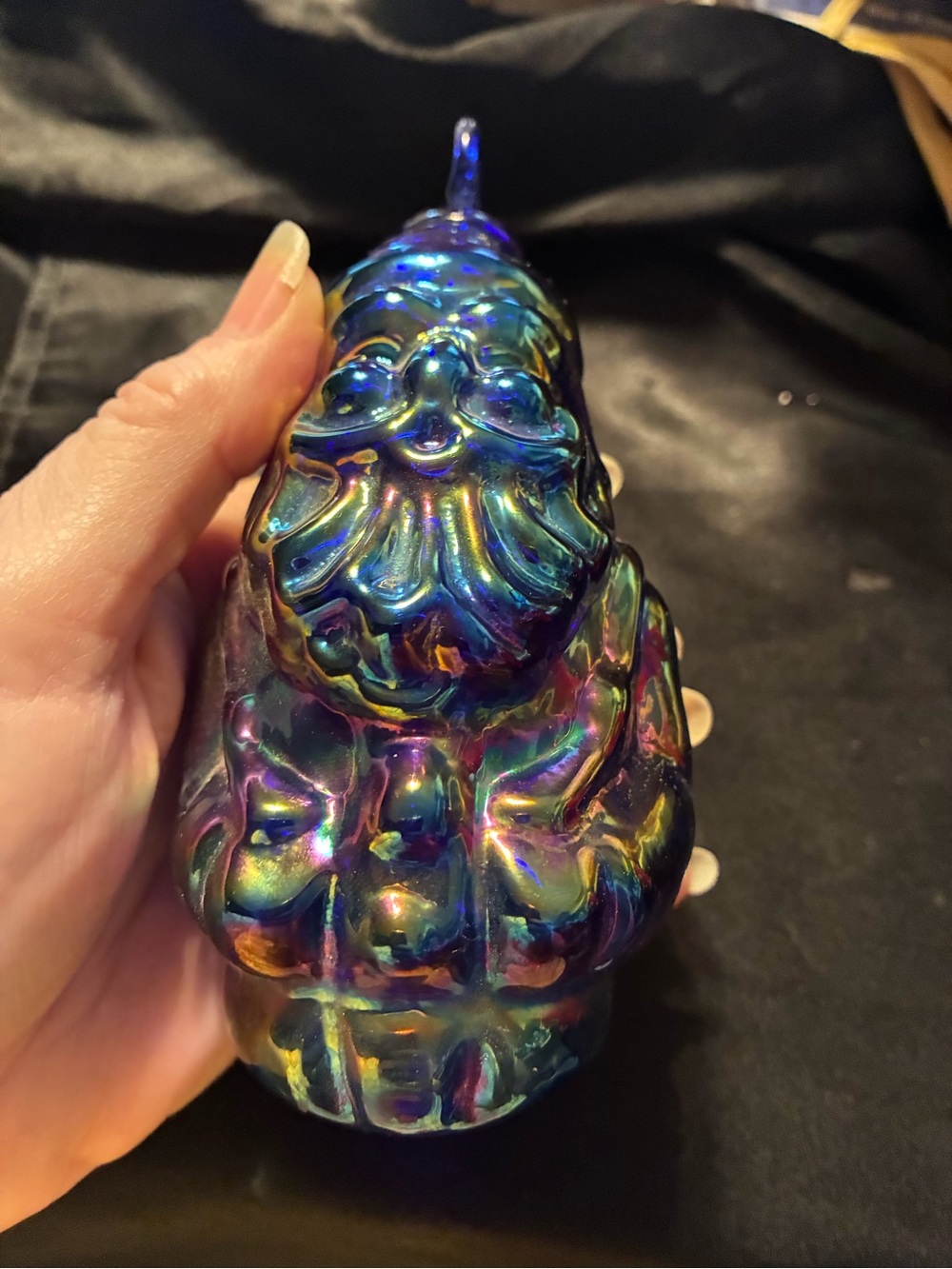Fenton Iridescent Blue-Purple-Green Santa Ornament